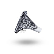 Close-up on St Michael 925 Sterling Silver Ring design depicting symbolic artistry in premium silver