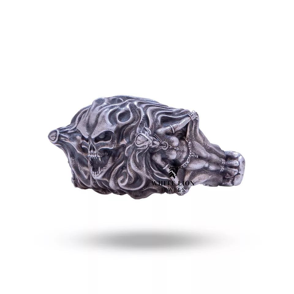 Handcrafted oxidized silver ring featuring a unique design, ideal for themed events