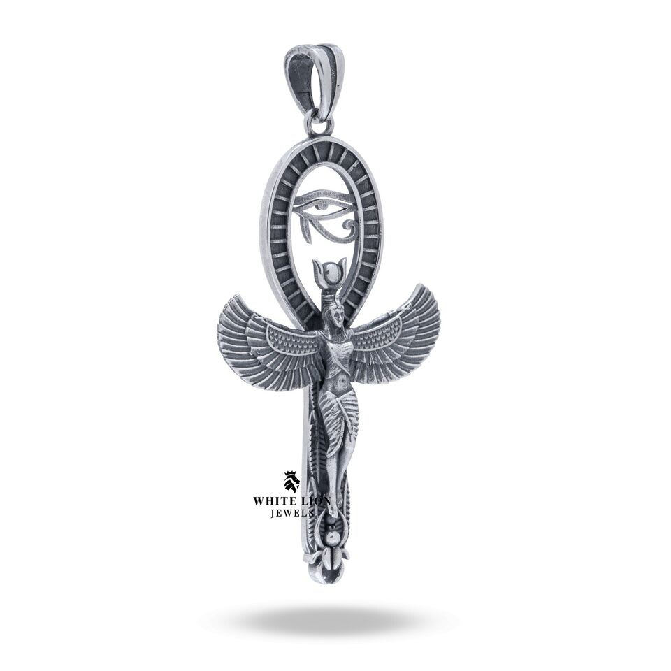Side view of Isis Ankh Pendant showcasing its intricate sterling silver design