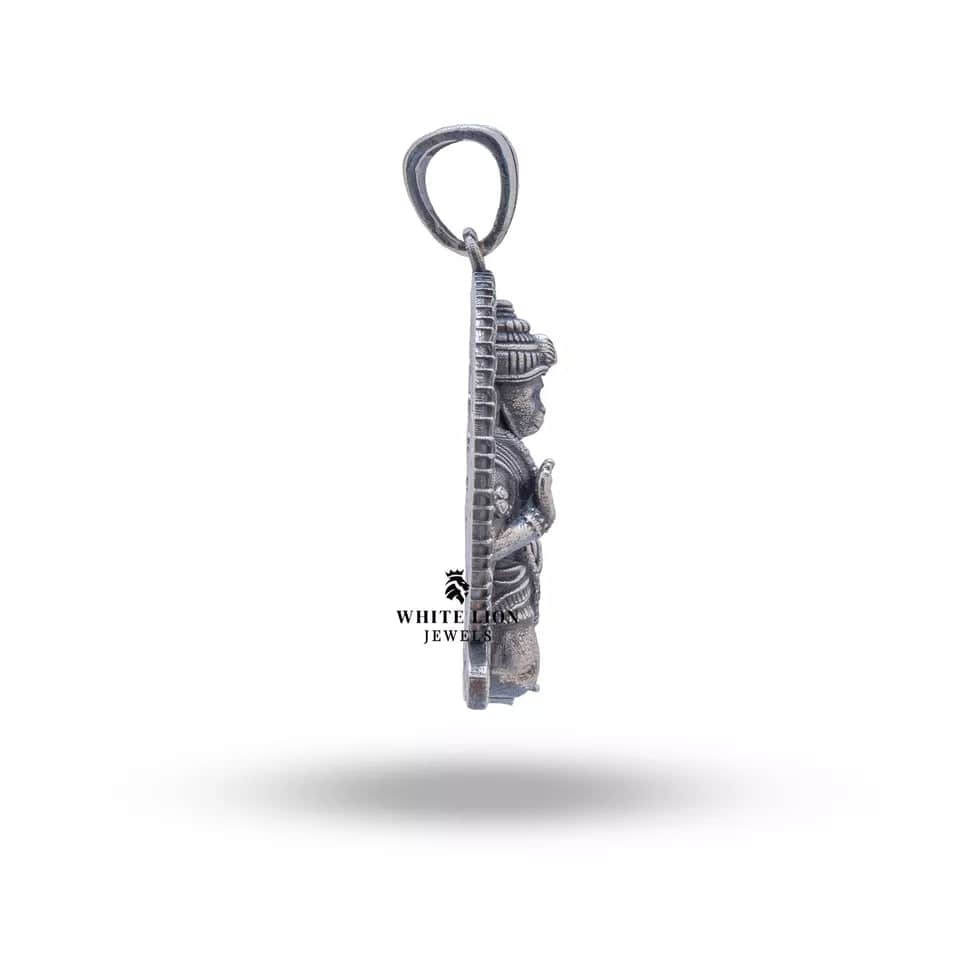Back view of Hanuman Pendant in oxidized sterling silver highlighting artisanal design