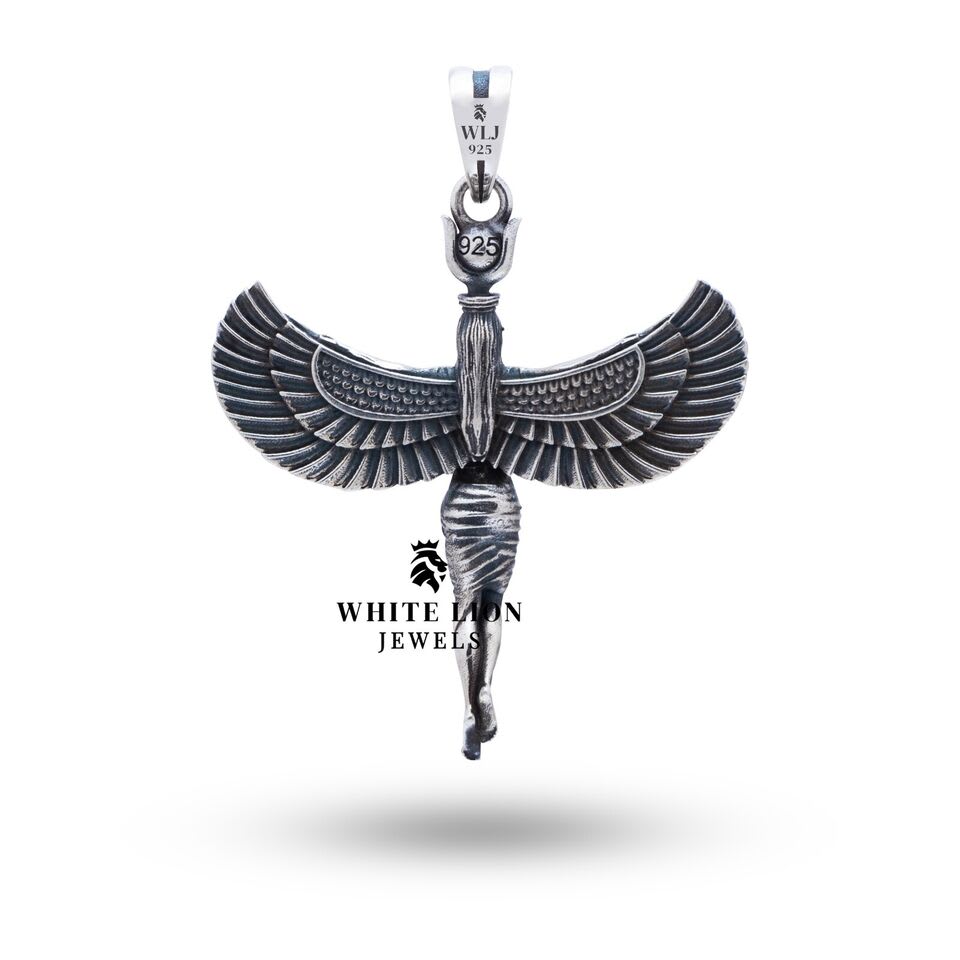 Close-up of Isis Winged Egyptian 925 Sterling Silver Pendant, showing intricate wing details and oxidized silver texture.