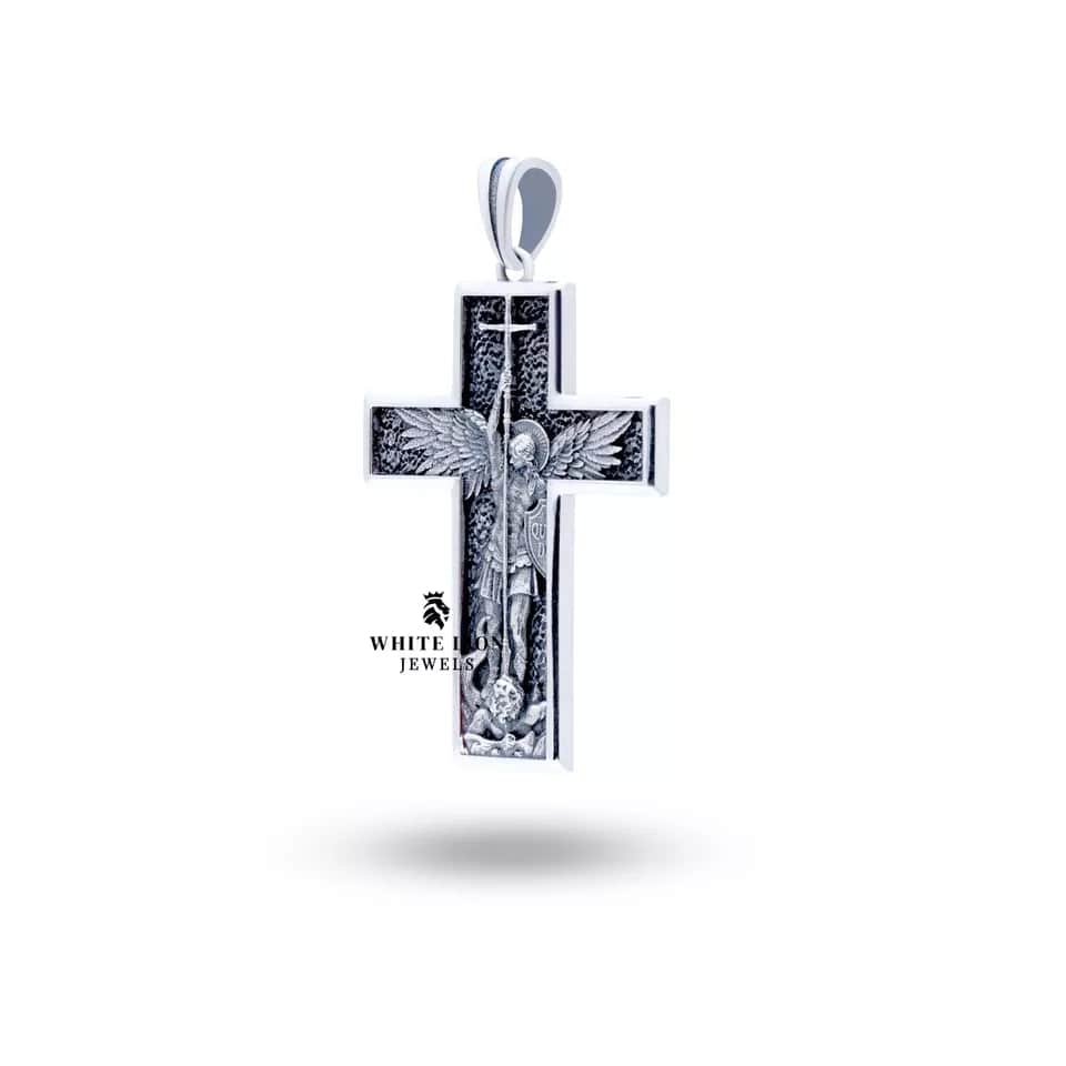 Elegant Sterling Silver Cross Pendant Featuring St Michael