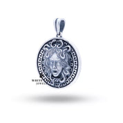 Styled image of Round Medusa 925 Sterling Silver Pendant worn on a chain, perfect for elegant occasions.
