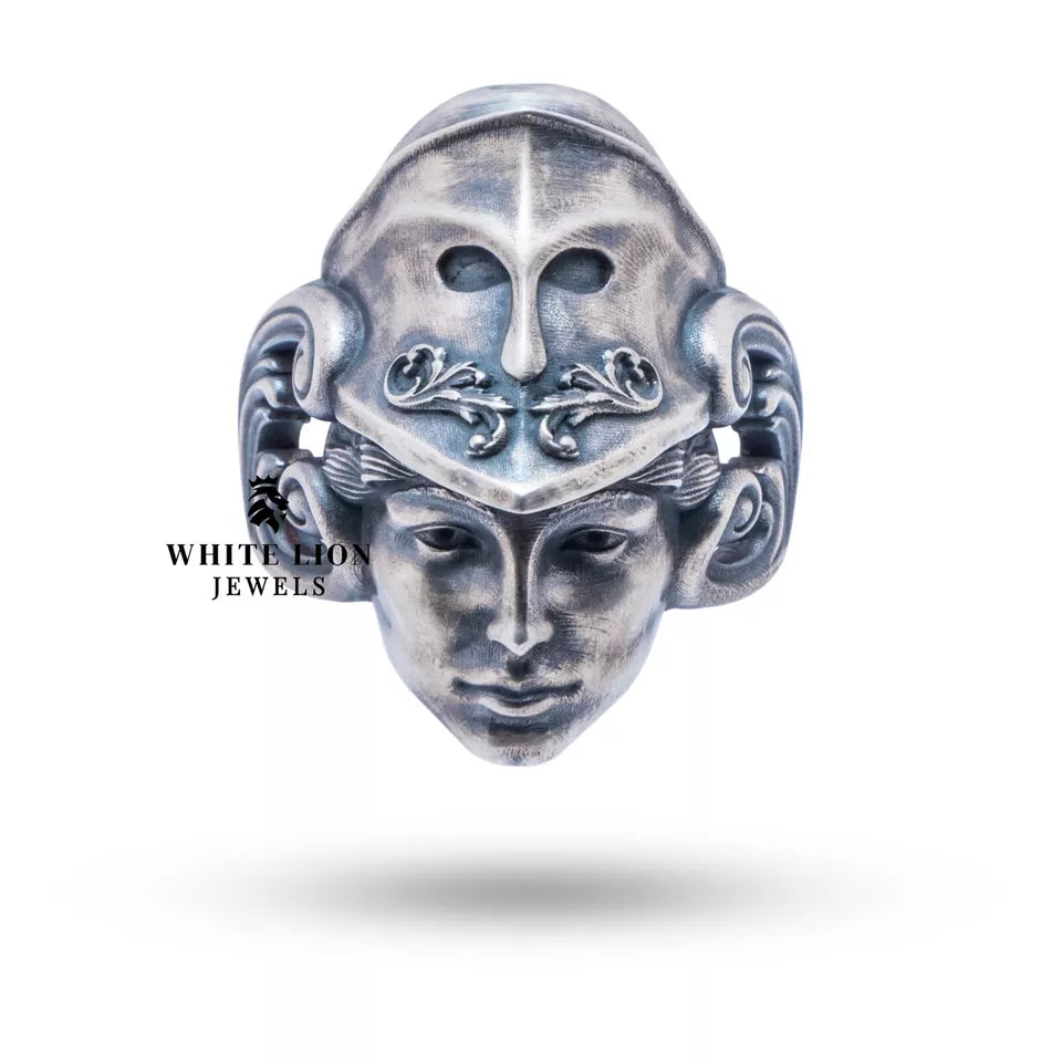 Close-up of Greek Athena design on 925 Sterling Silver Ring