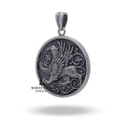 Close-up of Gryphon Creature silver pendant showcasing its intricate design on oxidized surface