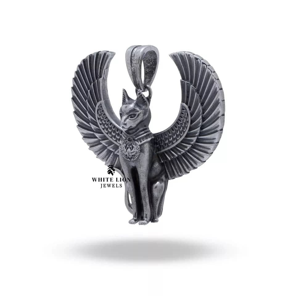 Side angle of Egyptian Cat Pendant in 925 Sterling Silver, highlighting the wings and artistic detail.