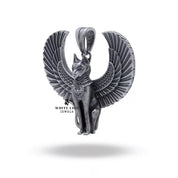 Side angle of Egyptian Cat Pendant in 925 Sterling Silver, highlighting the wings and artistic detail.