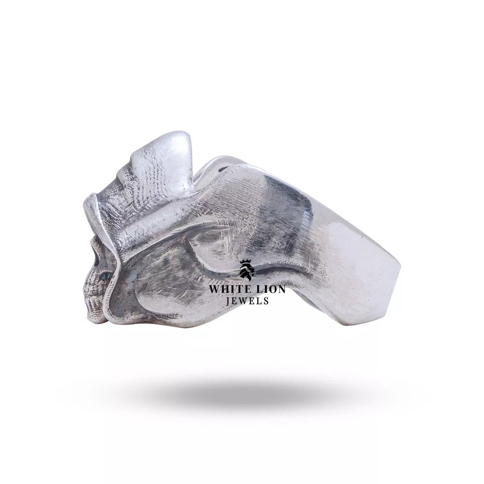 Top view of Gothic Devil Skull Skeleton ring, showcasing intricate silver design by White Lion Jewels.