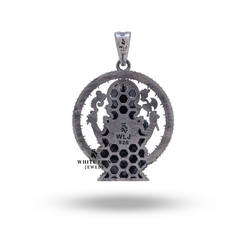 Atharva Ganesha 925 Sterling Silver Pendant showcased on model, highlighting its elegant design.