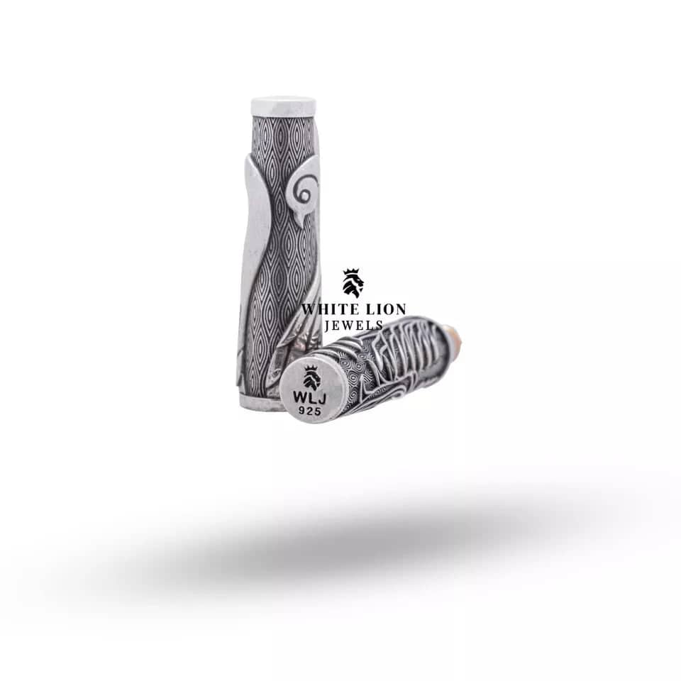 Side view of Peacock Peafowl Bird Luxury Writing Instrument in sterling silver.