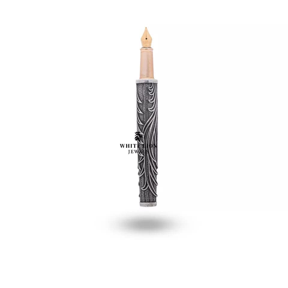 Elegant oxidized silver finish on peacock themed luxury fountain pen.