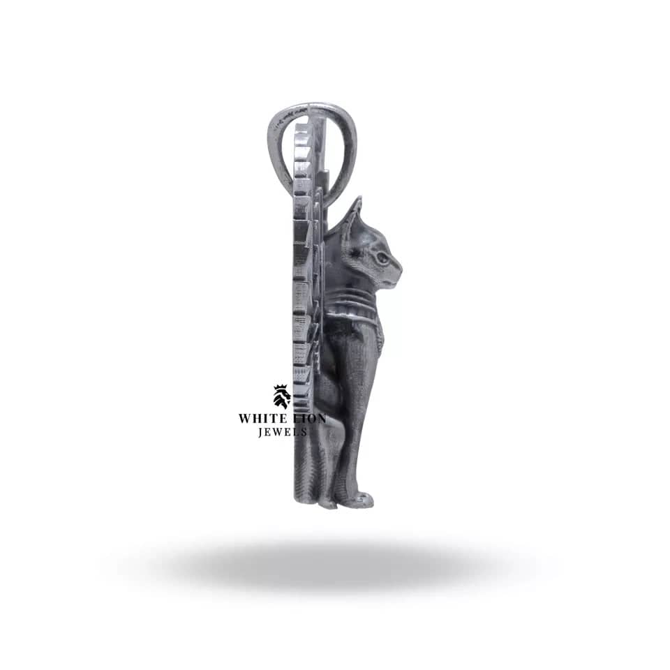 Close-up of intricate design features on the Winged Egyptian Cat Pendant, showcasing superior artisanship.