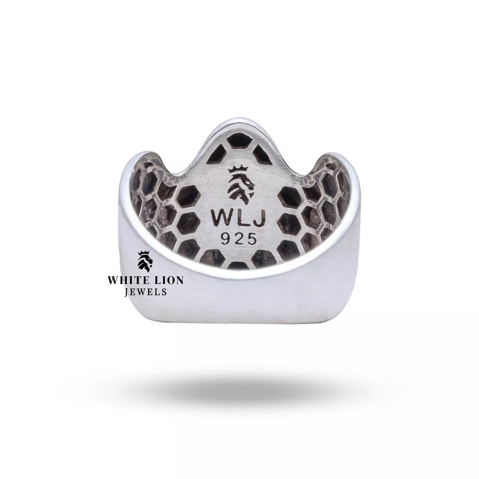 Detailed image of diamond accent in Gothic Devil Skull Skeleton 925 sterling silver ring, luxurious piece by White Lion Jewels.