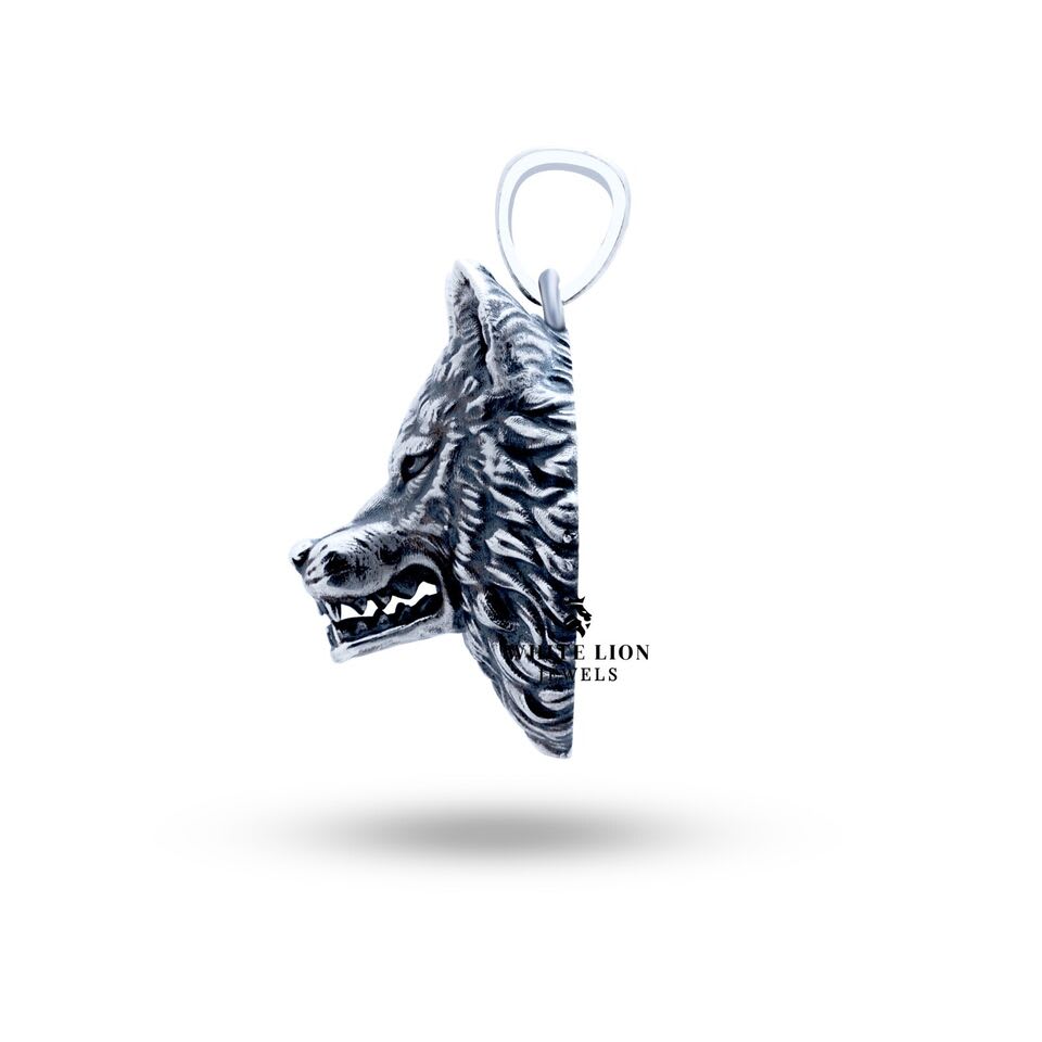 Lifestyle image of a model wearing the Angry Wolf Head Pendant, paired with casual attire for bold styling.