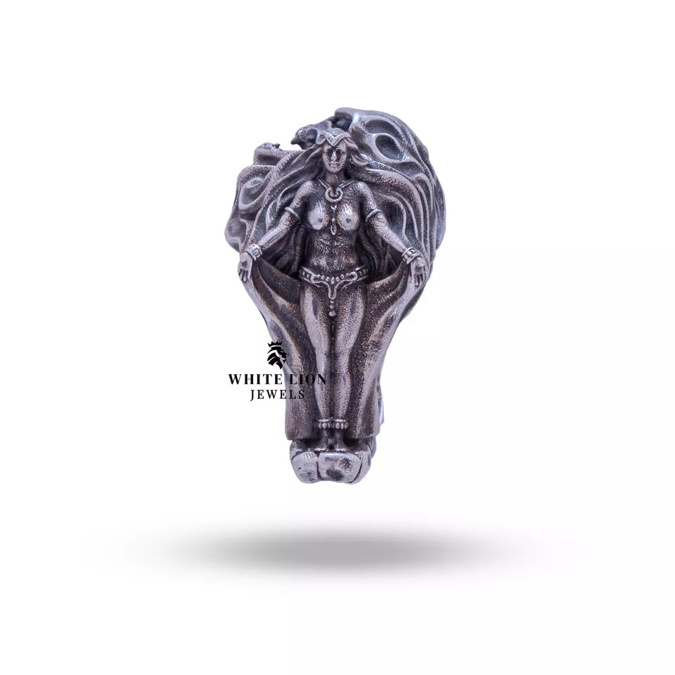 Elegant devil priestess ring in sterling silver, offering gothic allure