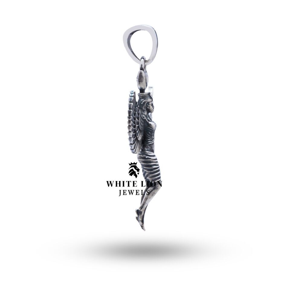 Isis Winged Egyptian 925 Sterling Silver Pendant worn on a chain, highlighting its elegant, historical aesthetic.