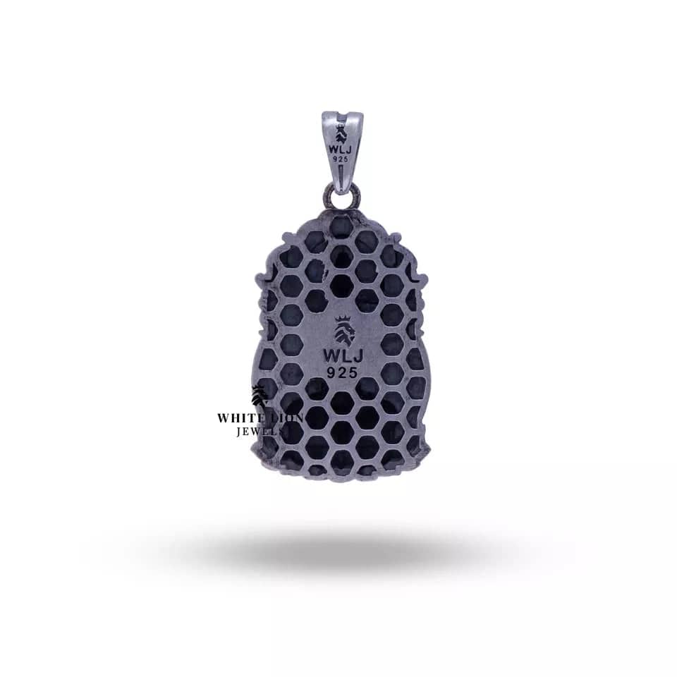 Elegant Buddha God of Peace pendant in oxidized silver style for spiritual wear.