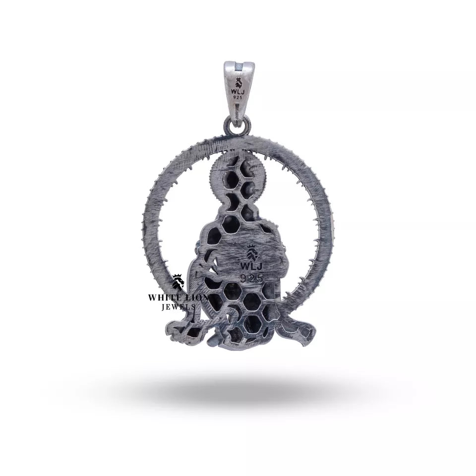 Front view of Hanuman 925 Sterling Silver Pendant in oxidized silver showcasing craftsmanship from White Lion Jewels