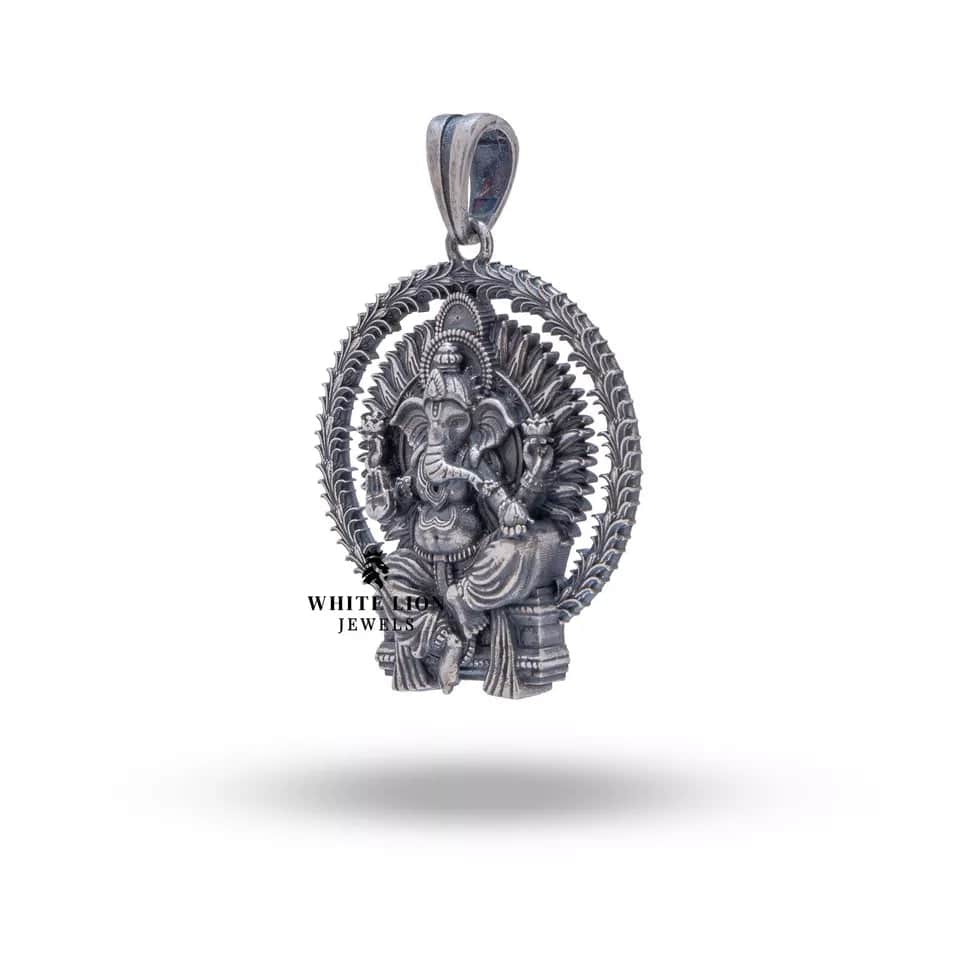 Round Ganesha Pendant in 925 Sterling Silver by White Lion Jewels