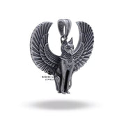 Detailed view of the Winged Egyptian Cat Pendant with oxidized silver finish and fine craftsmanship.