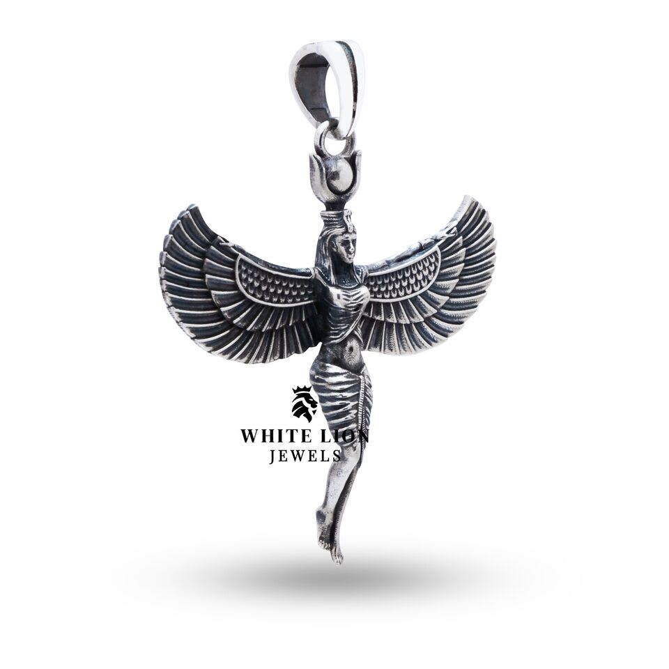 Back view of Isis Winged Egyptian 925 Sterling Silver Pendant, demonstrating detailed craftsmanship and antiqued finish.