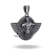 Close-up of the detailed craftsmanship of the Sumerian Warrior Pendant