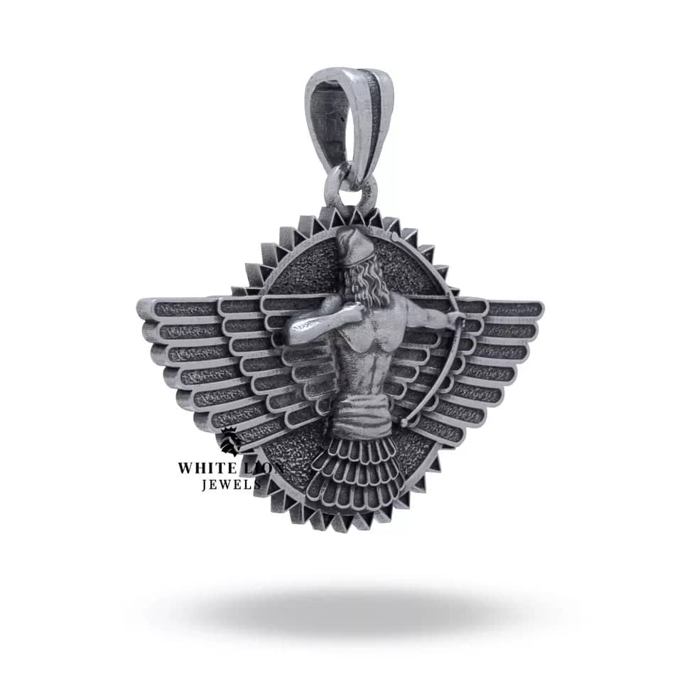 Close-up of the detailed craftsmanship of the Sumerian Warrior Pendant