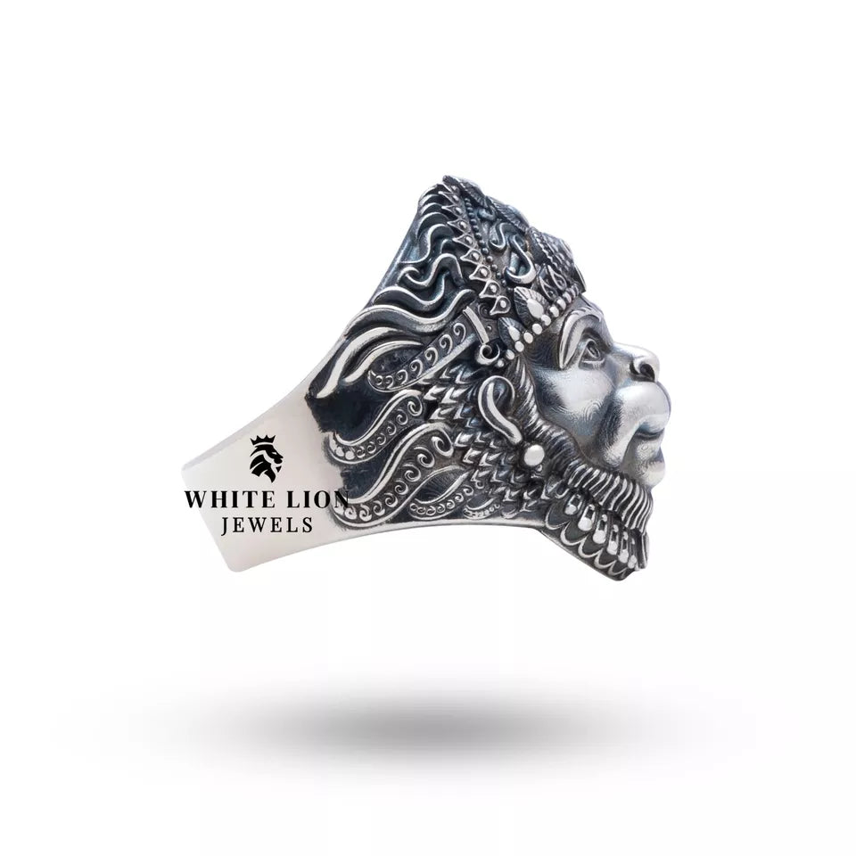 Angled perspective of Hanuman 925 Sterling Silver Ring highlighting the artistry and oxidization.