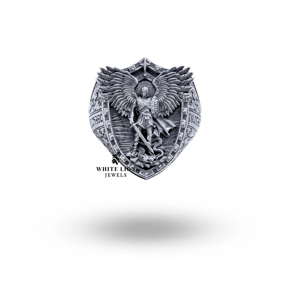 Side view of St Michael 925 Sterling Silver Ring showcasing detailed craftsmanship in oxidized silver