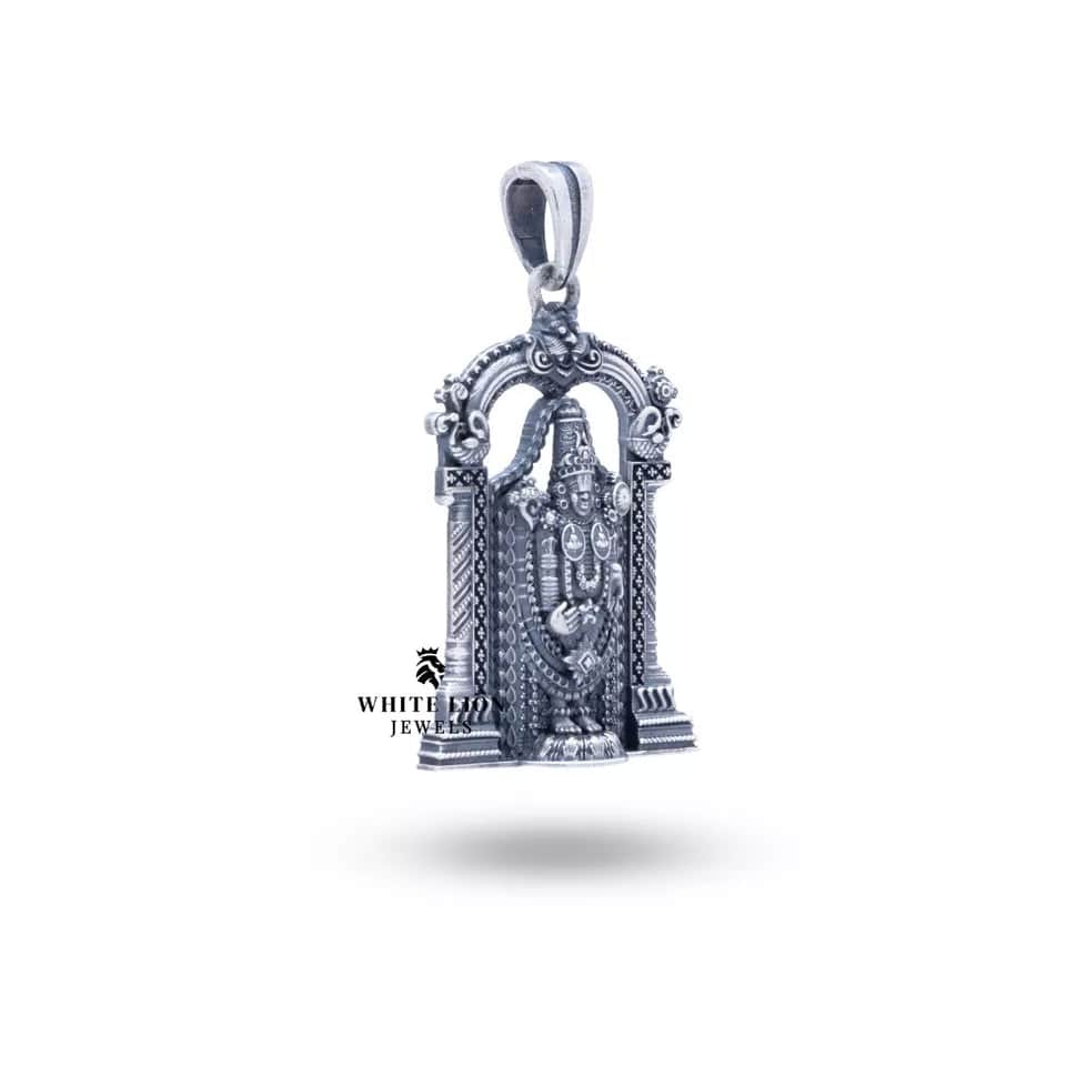 Side view of Lord Tirupati Balaji Pendant in Oxidized Silver