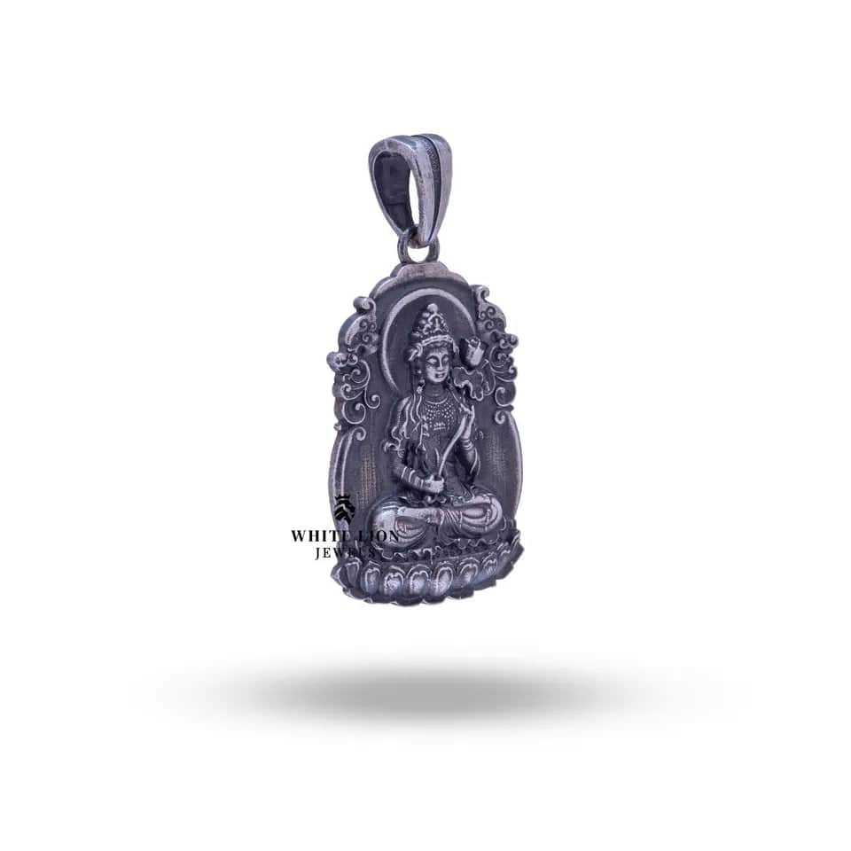 Detailed handcrafted Buddha pendant in 925 sterling silver by White Lion Jewels.