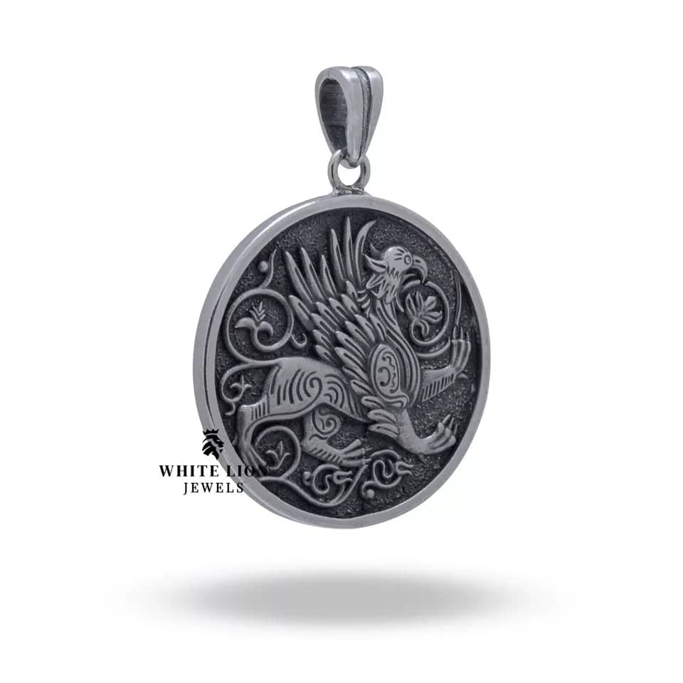 Detailed view of a handcrafted Gryphon Creature pendant in 925 sterling silver