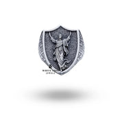 Side view of the Jesus Lord Savior sterling silver ring highlighting its intricate detailing.