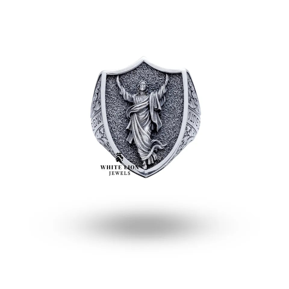 Side view of the Jesus Lord Savior sterling silver ring highlighting its intricate detailing.
