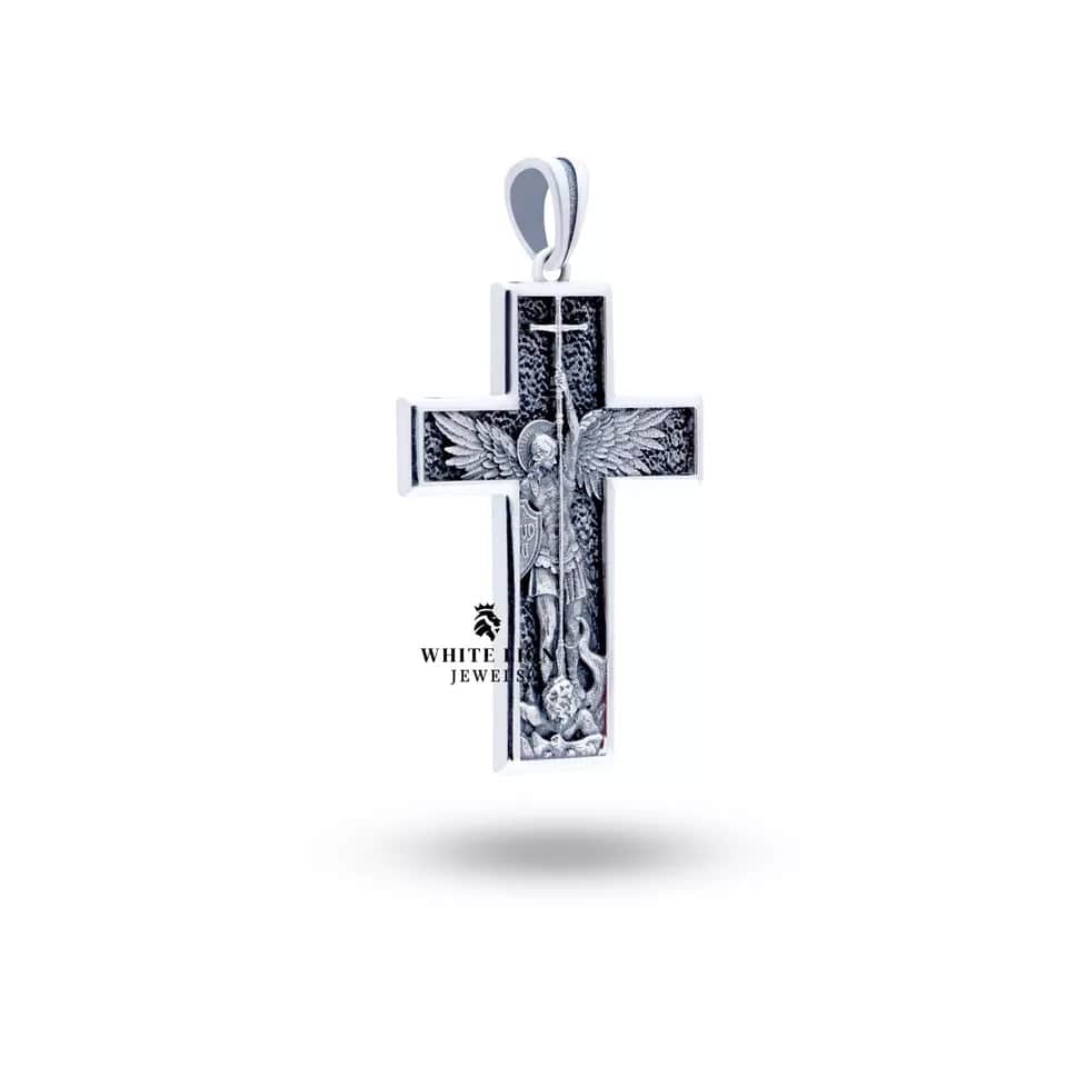 Intricately Designed St Michael Cross Pendant in Oxidized Silver