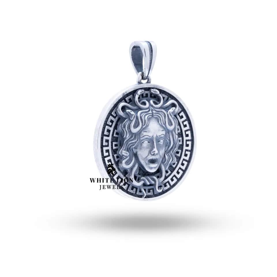 Side view of Round Medusa 925 Sterling Silver Pendant showcasing detailed craftsmanship and oxidized finish.
