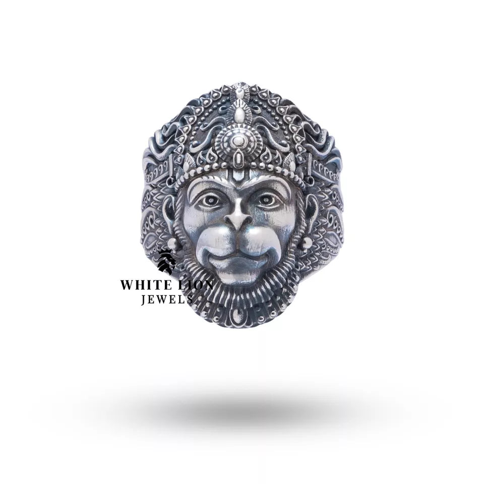 Side view showing the intricate details of Hanuman 925 Sterling Silver Ring, luxury handcrafted jewelry.