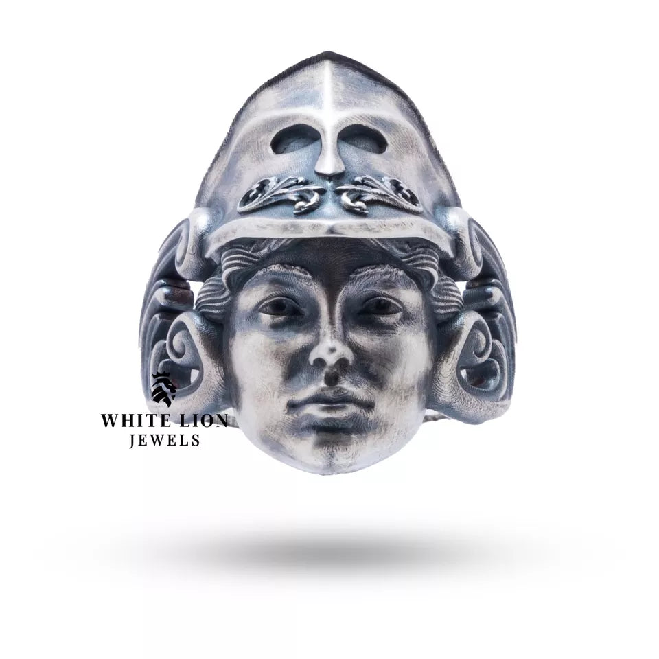 Side view of detailed Greek Athena 925 Sterling Silver Ring design