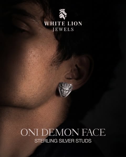 Oni Demon Face Silver Ear Studs | 925 Sterling | Oxidized Finish | Unique Artisan Jewelry