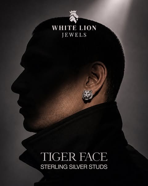 Tiger Face Sterling Silver Ear Studs | Unique Design | Oxidized Finish | Luxury Jewelry