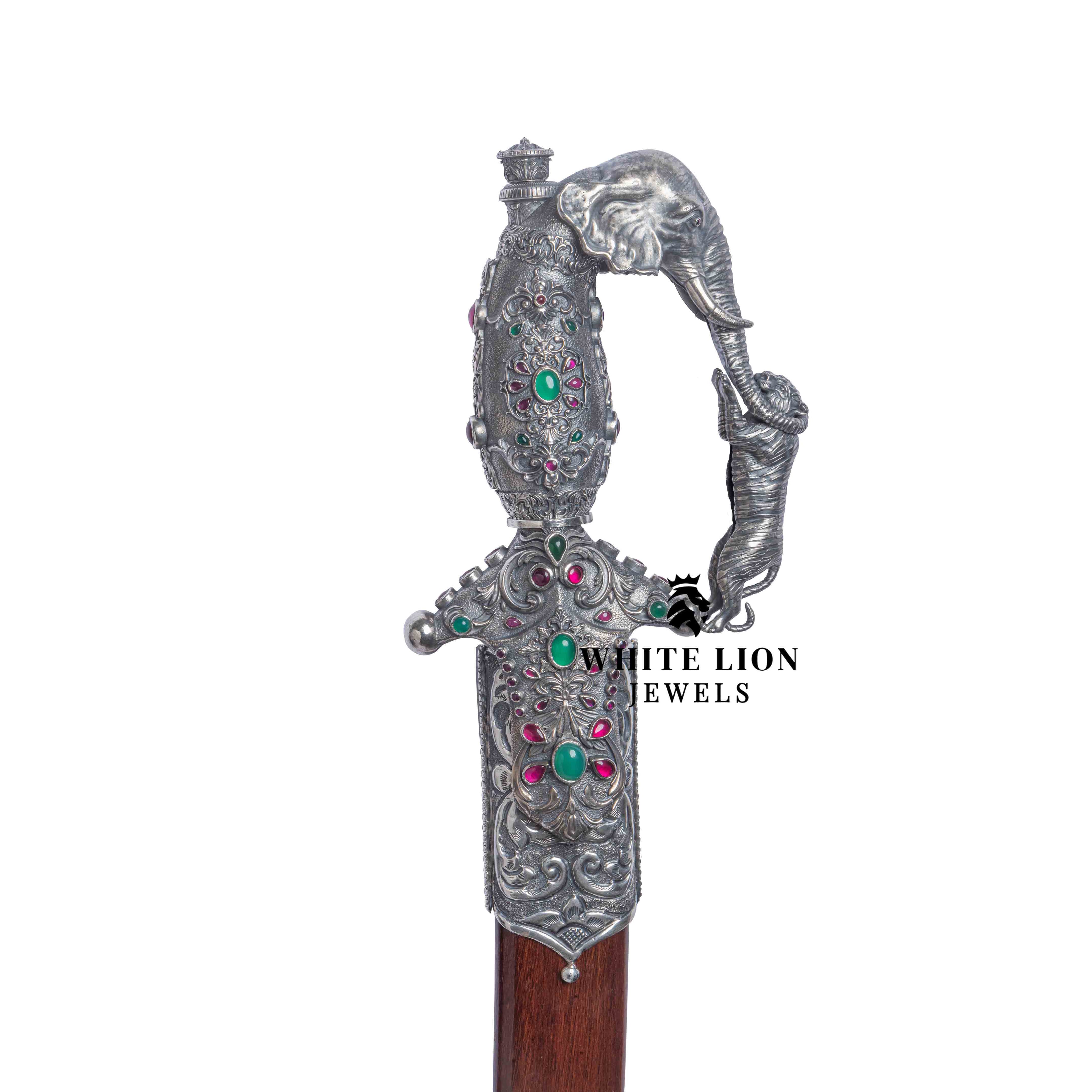 Elegant presentation of the Gaj-Gamini Sword with traditional backdrop.