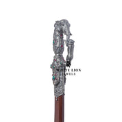 Detailed look at the protective coating on the Gaj-Gamini Sword.