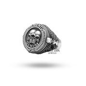 Back view of the Memento Mori Silver Gemini Ring featuring hallmark and fine details.