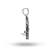 Model wearing Sikh Baba Deep Singh Martyr Khalsa Military 925 Silver Pendant.