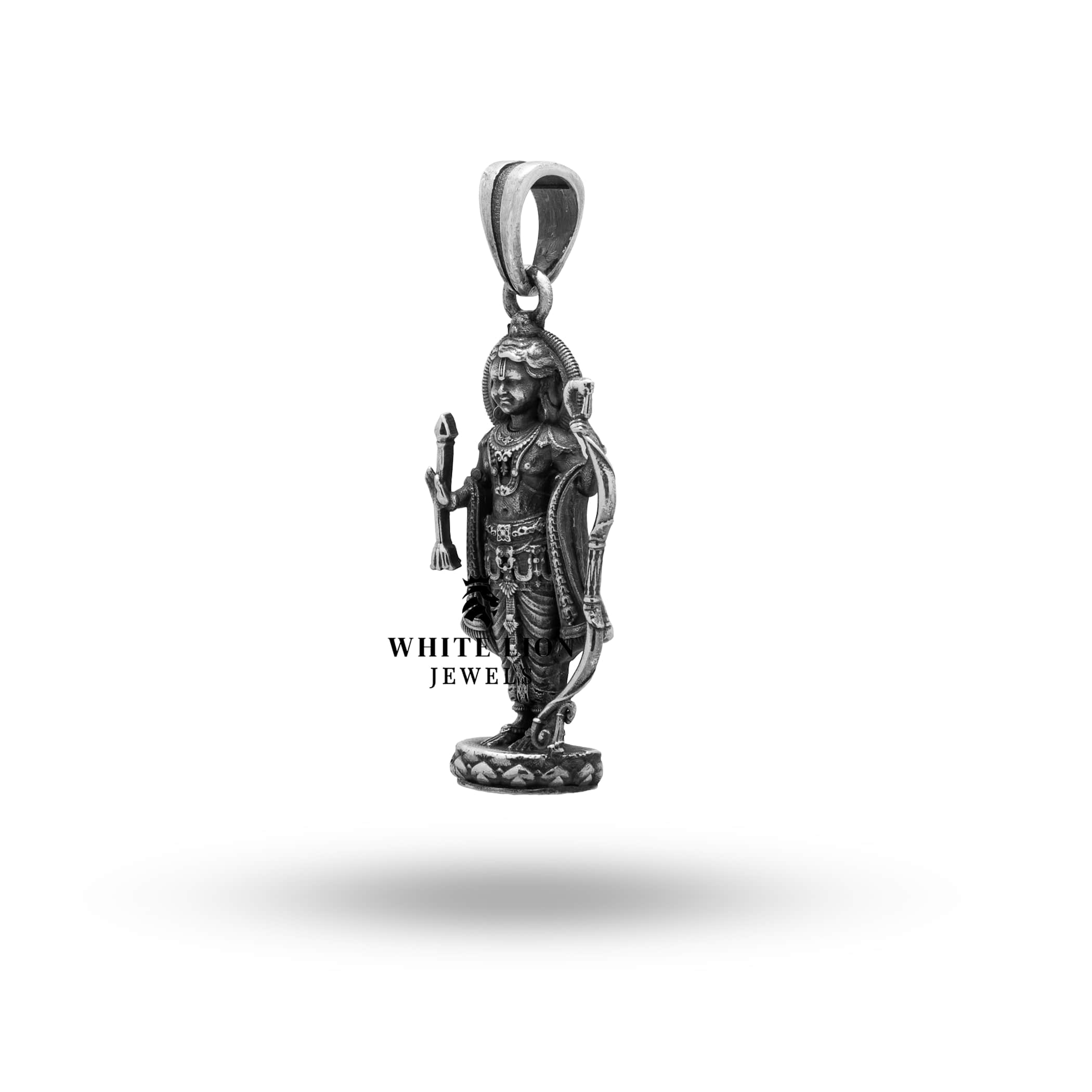 Side angle of Shree Rama 925 Sterling Silver Pendant showcasing its thickness and detail.