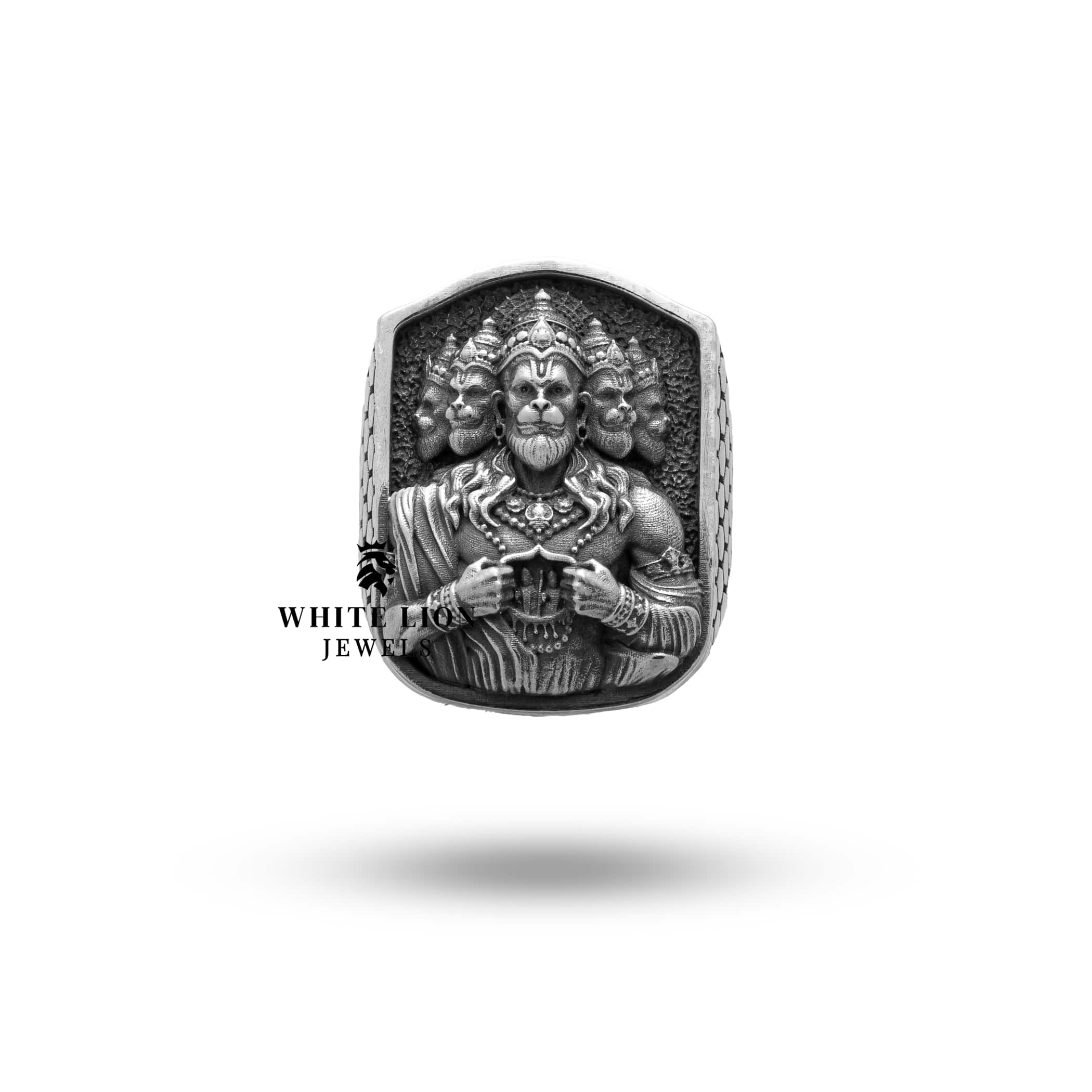 Sterling silver Panchmukhi Hanuman ring with intricate design for spiritual protection, 925 purity.