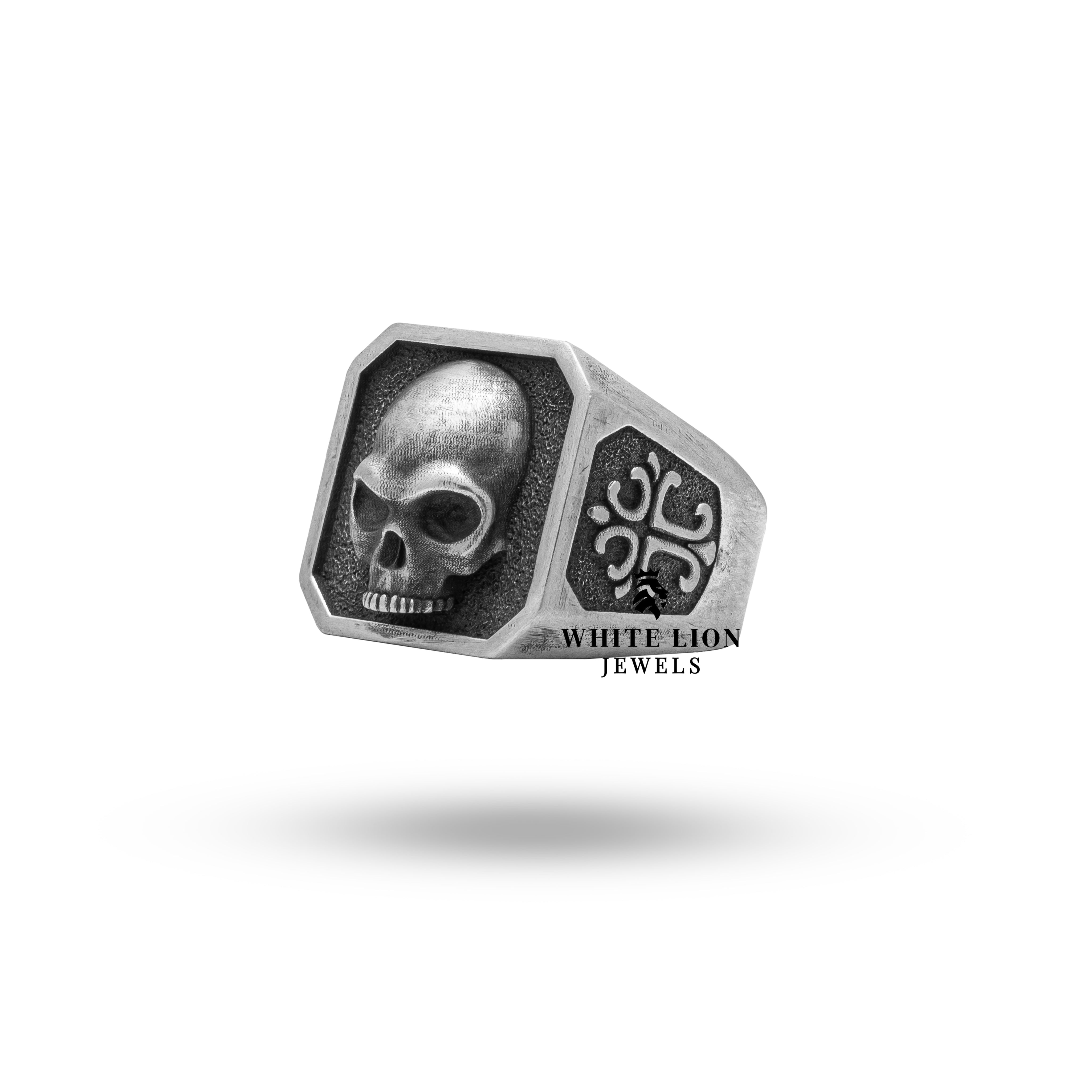 Back angle of Gothic Half Jaw Skull Sterling Ring emphasizing design