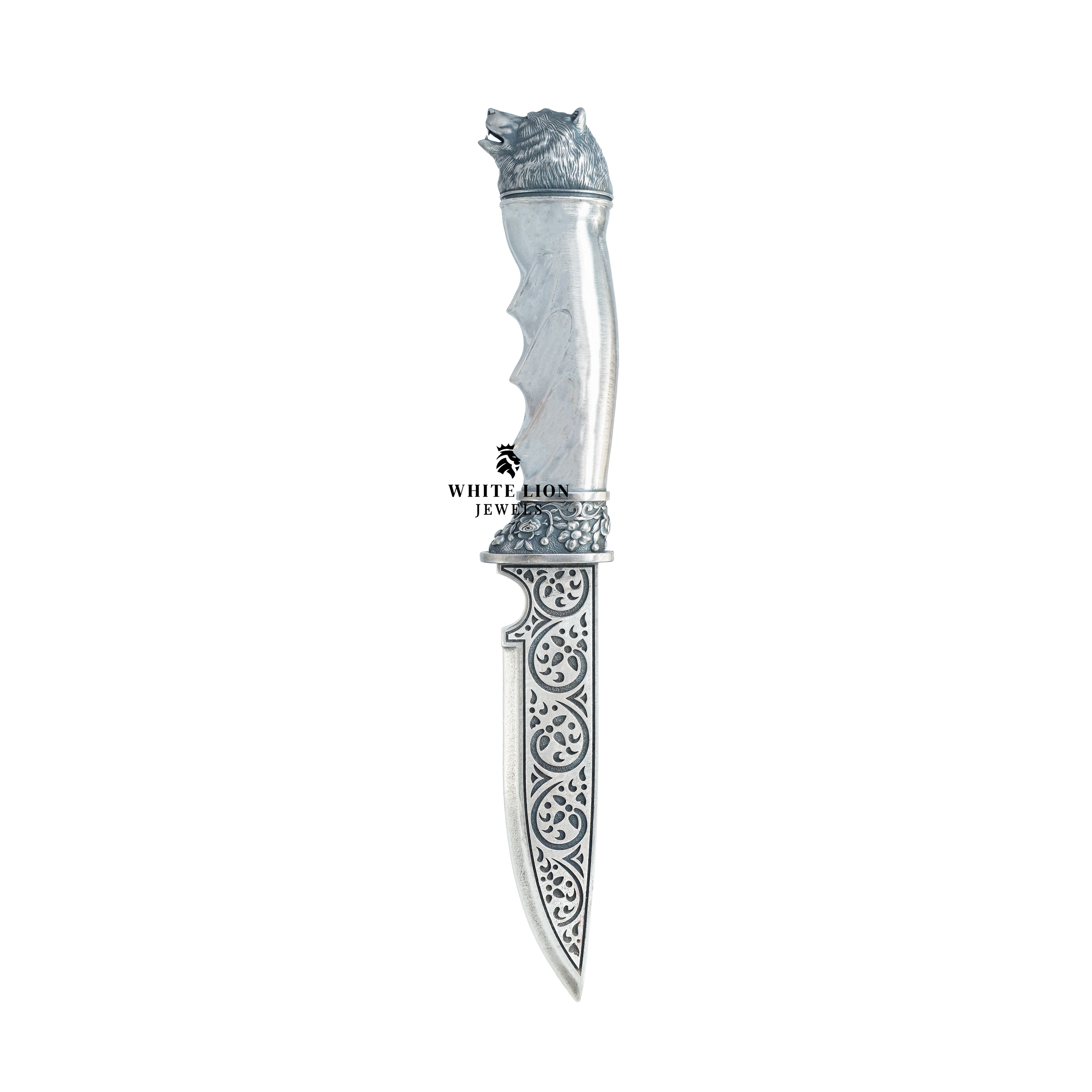 Bear Katar 925 Sterling Silver Classic Royal Dagger displayed elegantly in a showcase.