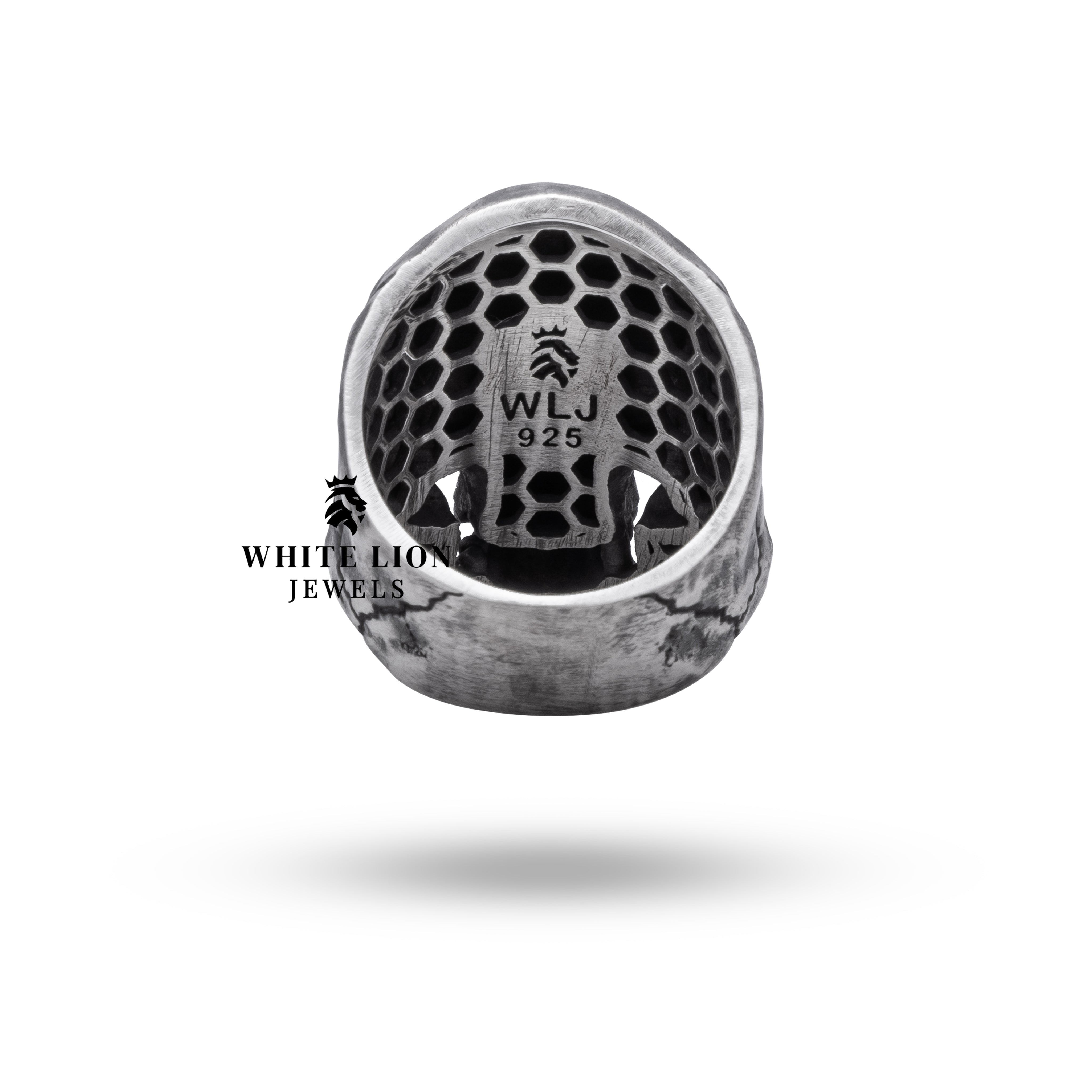 Packaging of Closed Jaw Crack Gothic Skull Head Ring by White Lion Jewels