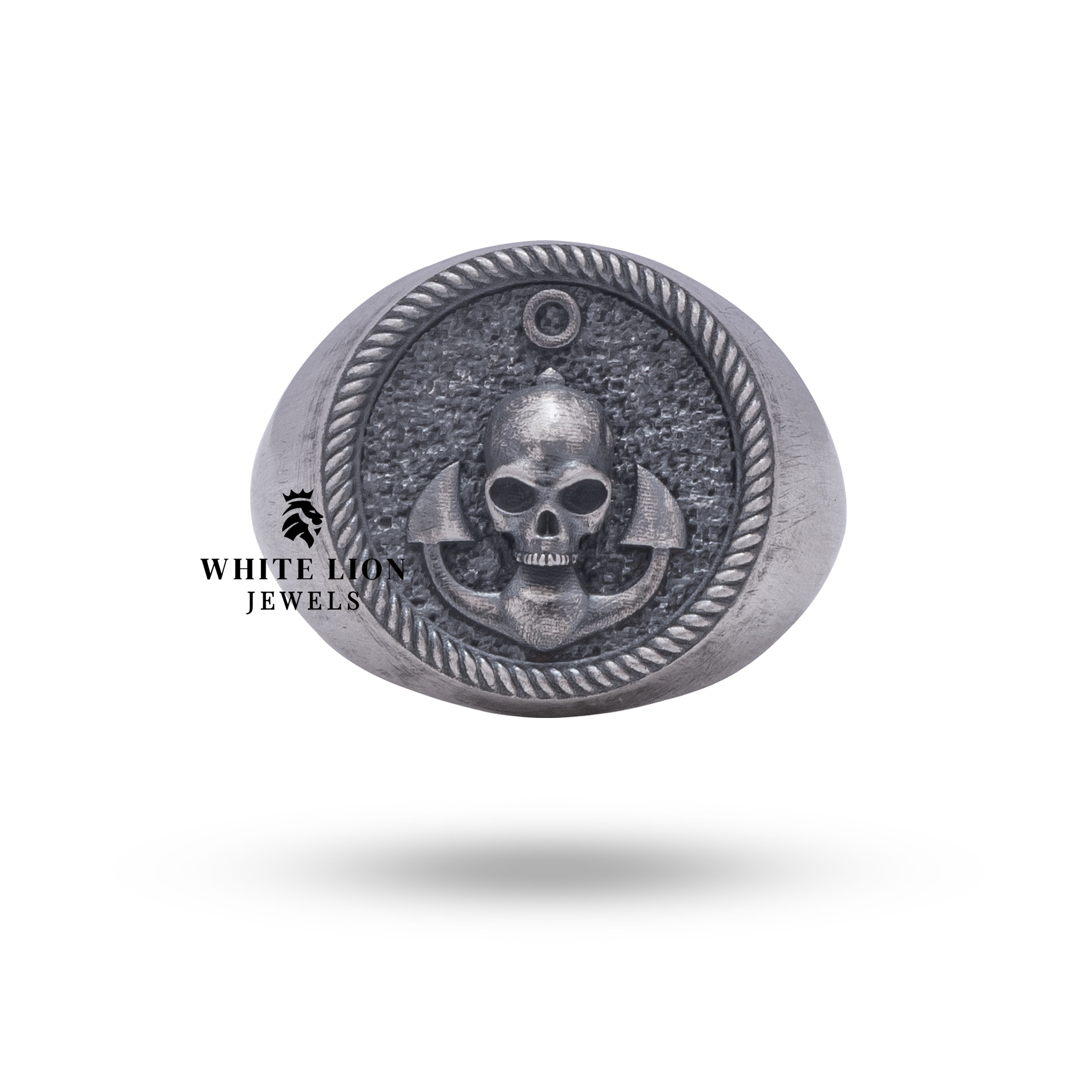Side angle of Gothic Anchor Skull Silver Ring showing intricate skull design